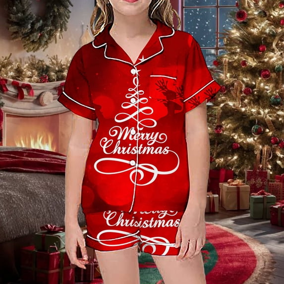 Ulitacool Christmas Pajamas For Girls 8-9 Years Crewneck Sleepwear Cartoon Pattern T Shirt Bottoms Short Sleeve Nightwear Leisure Child Clothes Red