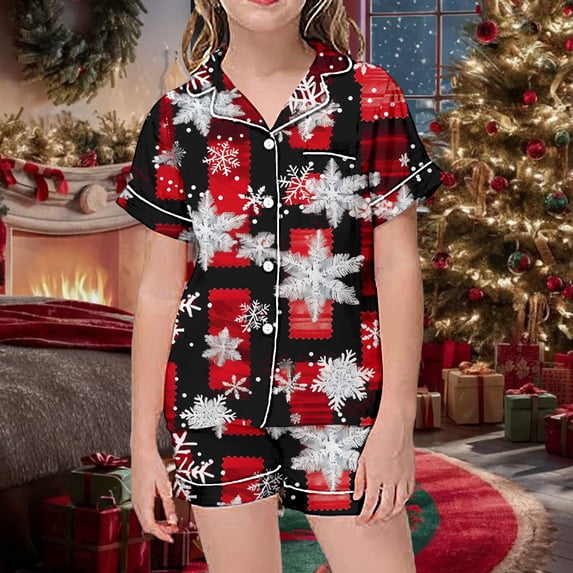 Ulitacool Christmas Pajamas For Girls 6-7 Years Crewneck Sleepwear Cartoon Pattern T Shirt Bottoms Short Sleeve Nightwear Adorable Child Daily Wear White