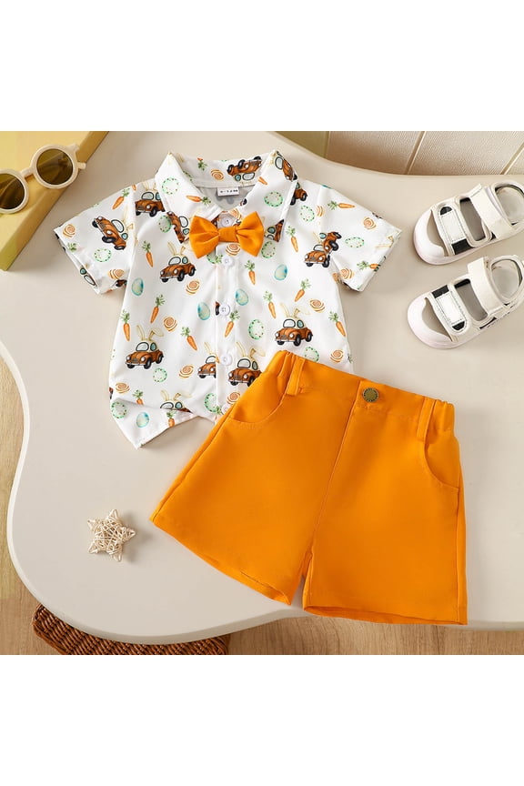 Clothes For Boys Easter Rabbit Prints T Shirt Lapel Tops Shorts Short Sleeve Gentleman Suit Retro Outfits 2-3 Years Orange