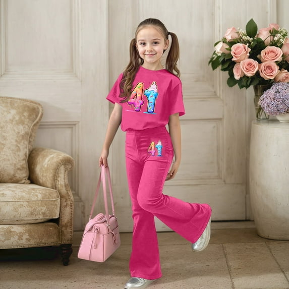 Ulitacool Clothes For Girls Round Neck 2Pieces Set Short Sleeve Letter Graphic Tops Flared Pants Cute Outfits 9-10 Years Hot Pink