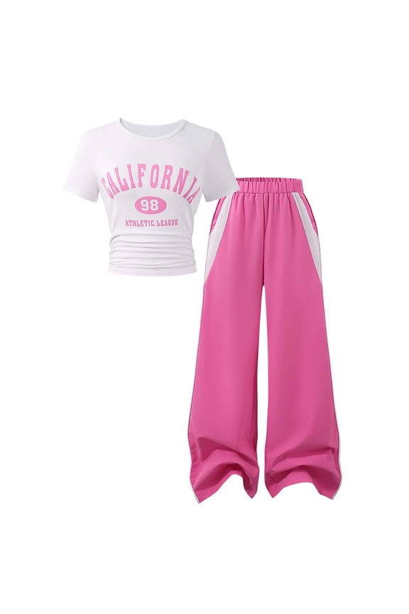 Clothes For Girl Round Neck Outfit Short Sleeve Tee With Letter Print And Relaxed Straight Leg Cargo Pants Two Piece Combo Lovely Outfits Spring Clothings Pink 7-8 Years