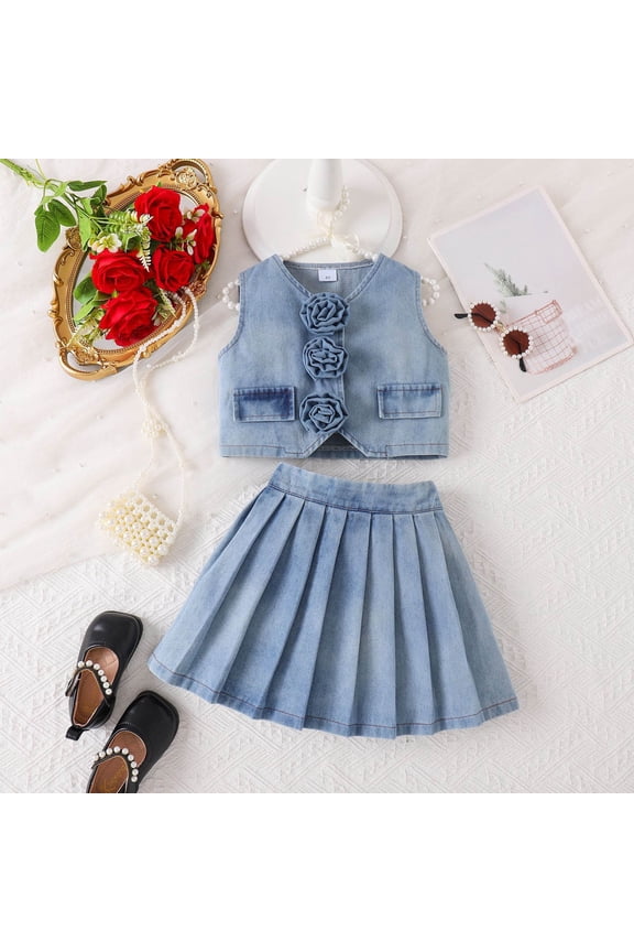 Clothing For Girls Denim Jeans Sleeveless Button Down Vest And Pleated Mini Skirt Set Classic Crewneck Outfits 2-3 Years Blue
