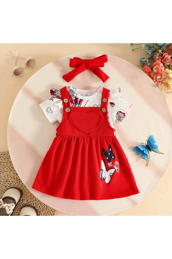 Clothing For Girls Short Sleeve Cartoon Prints Romper Bodysuit Suspender Skirts Trend Crewneck Outfits 3-6 Months Red