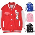thumbnail image 1 of Ulitacool Coat For Boys Stand Collar Long Sleeve Baseball Jacket Front Button Closure Letter Patch Tops For School Daily Wear Little Boys Charm Clothing Red, 1 of 4