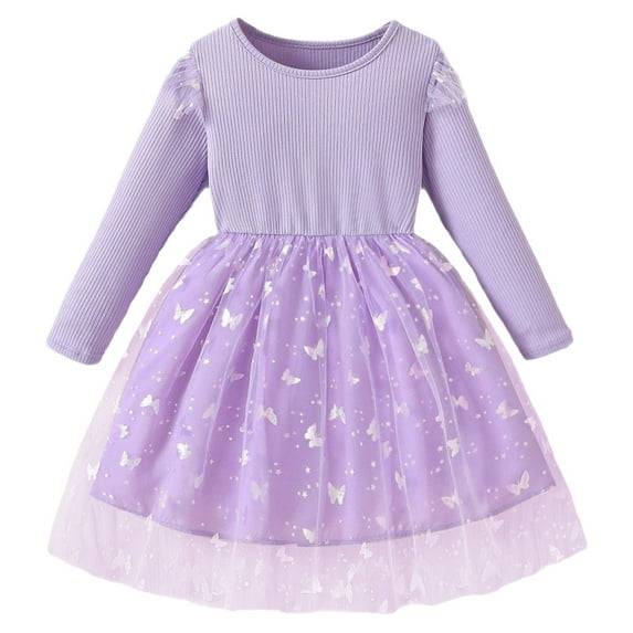 Ulitacool Cute Dress For Girls Solid Color Long Sleeve Performance Dress With Skirt Crewneck Flower Girl Dresses Lovely Clorhing Purple 5-6 Years