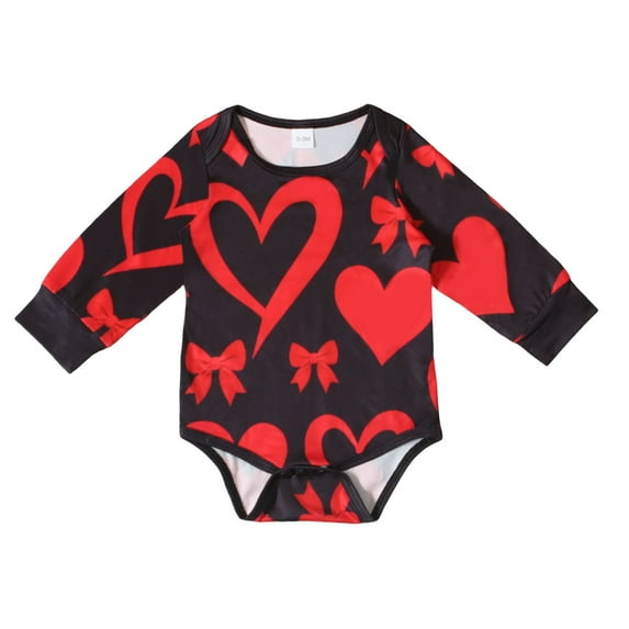 Ulitacool Cute Onesies For Girls Round Neck Valentine'S Day Long Sleeve Baby Bodysuit Heart Print Romper Infant Outfit Black 0-3 Months