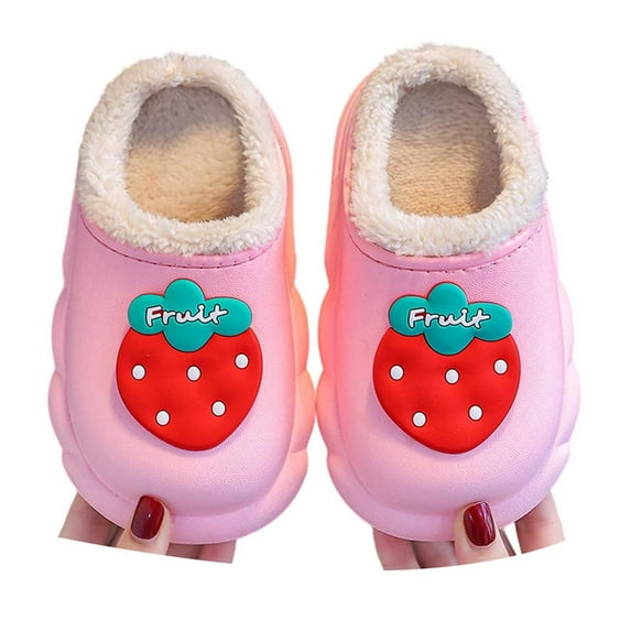 Ulitacool Cute Slippers For Girl Warm Winter Fuzzy Lined Indoor Outdoor Sole Kids Shoes Trend Basic House Shoes Pink 3.5-4 Years
