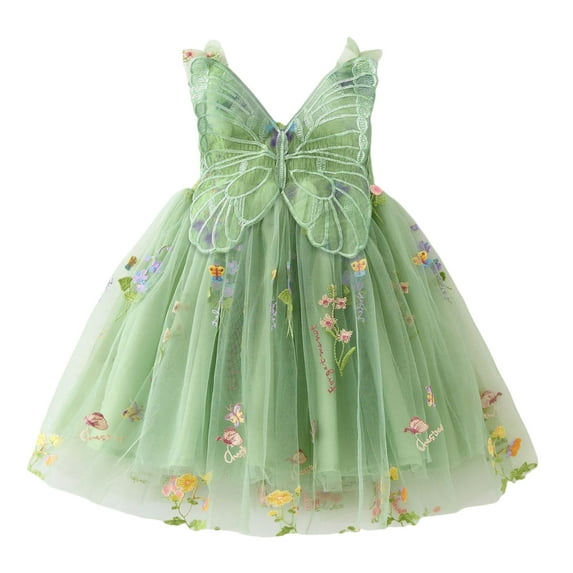 Ulitacool Dress For Girls Crewneck Toddler Sleeveless With Wing Embroider Dress Dance Party Floral Sundress Trend Playsuit Green 2-3 Years