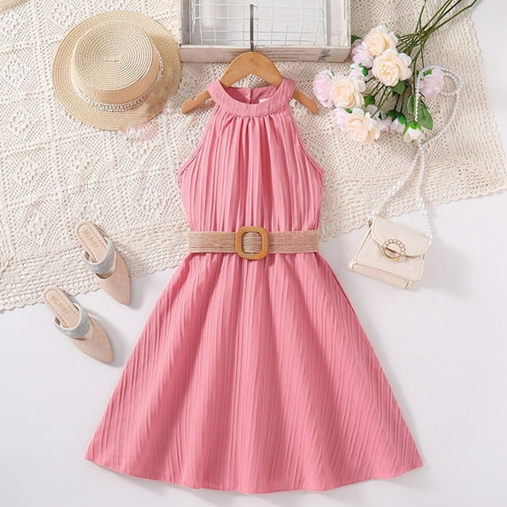 Ulitacool Dress For Girls9-10 Years Spring Summer Solid Color Halter Dress With Belt Pretty Girl Clothing Pink