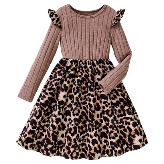 Ulitacool Dress For Girls Round Neck Leopard Print Dress Long Sleeve Party Gown With Flowy Skirt For And Photoshoots Classic Playsuit Pink 10-11 Years