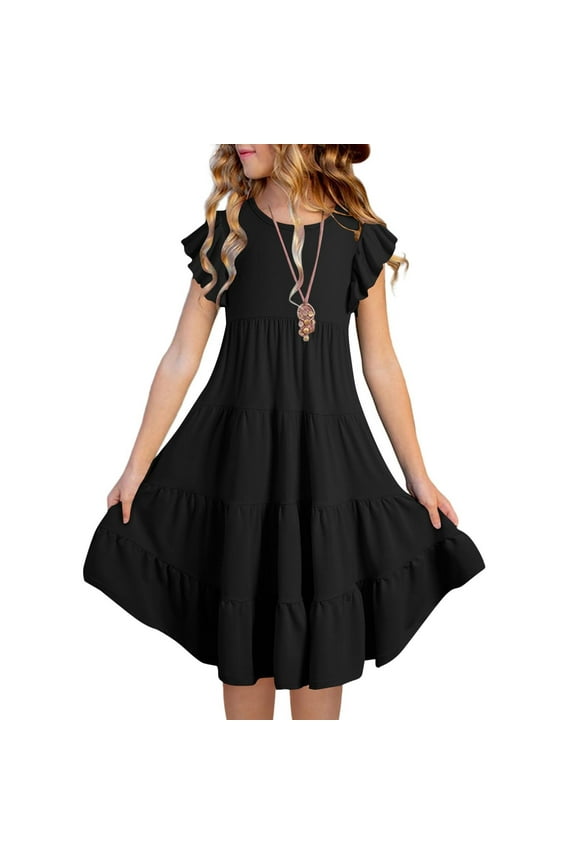 Dresses For Girls 6-7 Years Summer Dresses Double Layer Flutter Sleeve Flowy A Line Dress Gradient Midi Dresses Pretty Girl Clothing Black