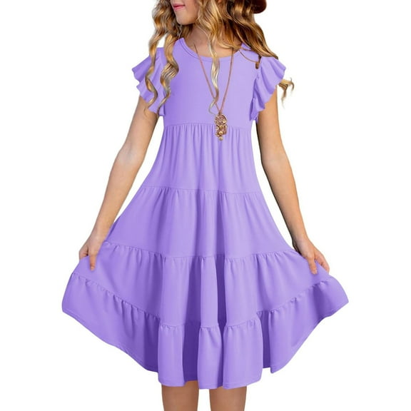 Ulitacool Dresses For Girls 6-7 Years Summer Dresses Double Layer Flutter Sleeve Flowy A Line Dress Gradient Midi Dresses Trend Girl Clothing Purple