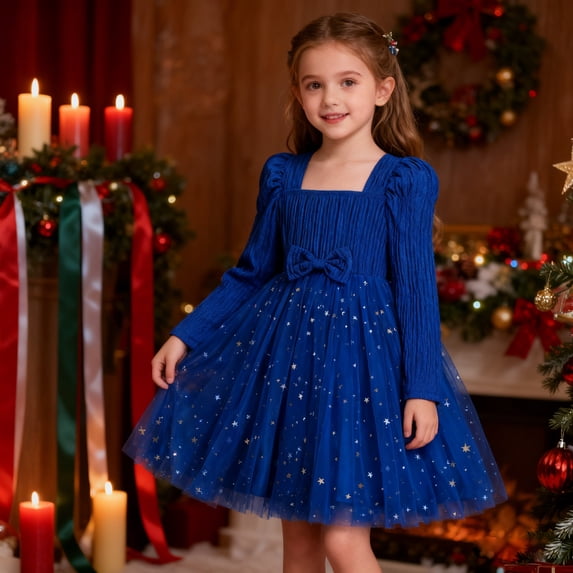 Ulitacool Dresses For Girls Christmas O Neck Graphic Prints Sundress Long Sleeve Gown Durable Wear 6-7 Years Blue