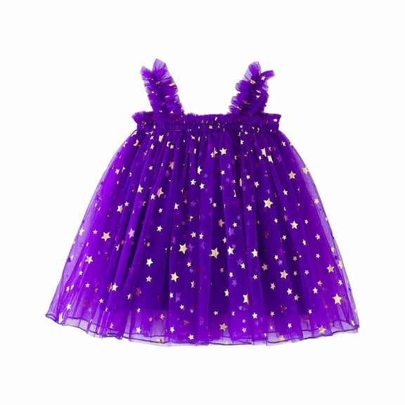 Ulitacool Dresses For Girls Crewneck Sleeveless Sundress Star Moon Holiday Party Outfit Dress Dance Party Dresses Classic Clothes Purple 5-6 Years