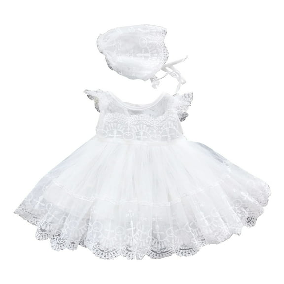 Ulitacool Dresses For Girls Newborn Baby Dress Infant Lace Crochet Dress O Neck Ruffled Sleeve Skirt Trend Wear White 0-3 Months