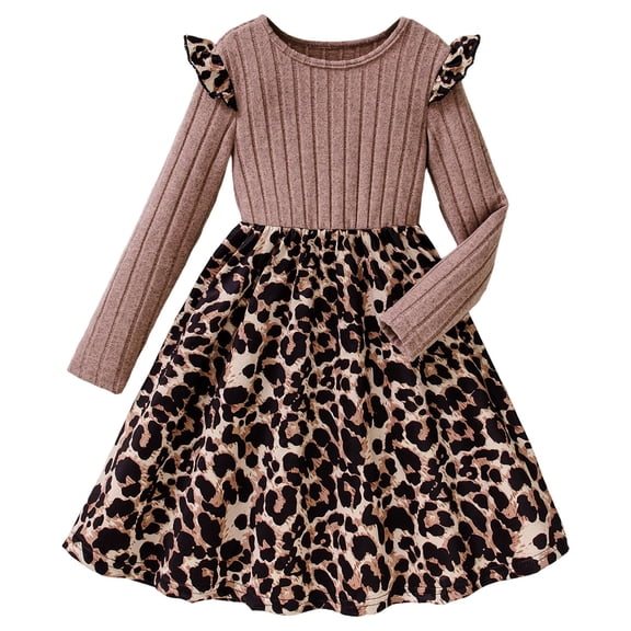 Ulitacool Dresses For Girls Round Neck Leopard Print Dress Long Sleeve Party Gown With Flowy Skirt For And Photoshoots Relax Fit Wear Pink 9-10 Years