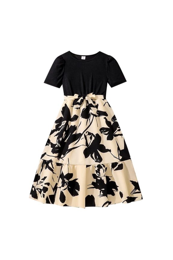 Dresses For Girls Short Sleeve Dress Floral Print And Round Neck Holiday Style Maxi Dresses Basic Wear Black 7-8 Years