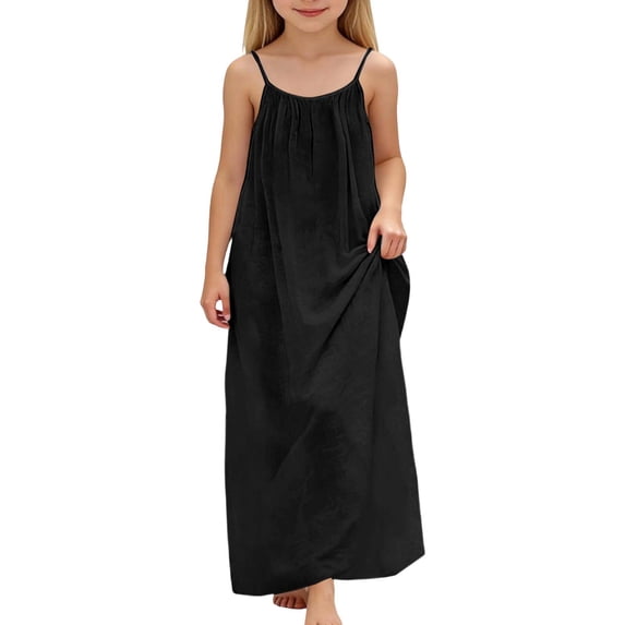 Ulitacool Dresses For Girls Solid Color Sleeveless Backless Dress Loose Fit Home Wear Crewneck Shirt Dresses Cute Clorhing Black 9-10 Years