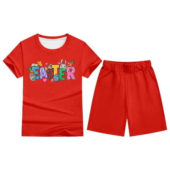 Ulitacool Easter Outfits For Girls 11-12 Years Kids Boys Girls Bunny Printed Short Sleeve T Shirt Top And Shorts Pants Set Outfit Pajama Set Round Neck Nightwear Cute Spring Clothing Red