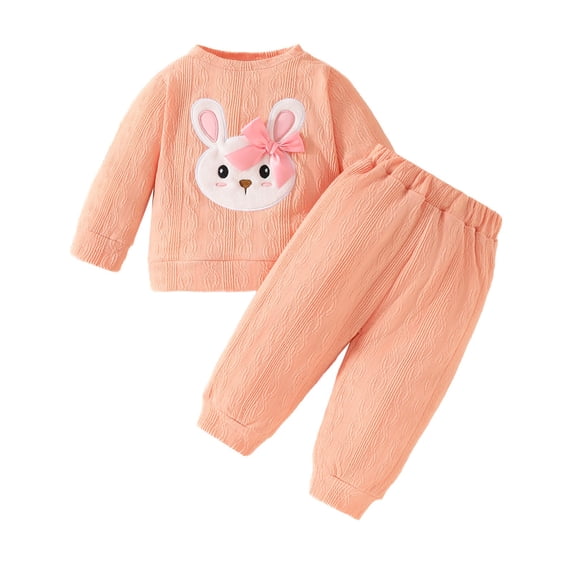 Ulitacool Easter Outfits For Girls 3-6 Months Baby Girl Rabbit Embroidered Long Sleeve Top + Solid Color Pants Set Wool Woven Long Sleeve Pants Basic Spring Clothing Watermelon Red