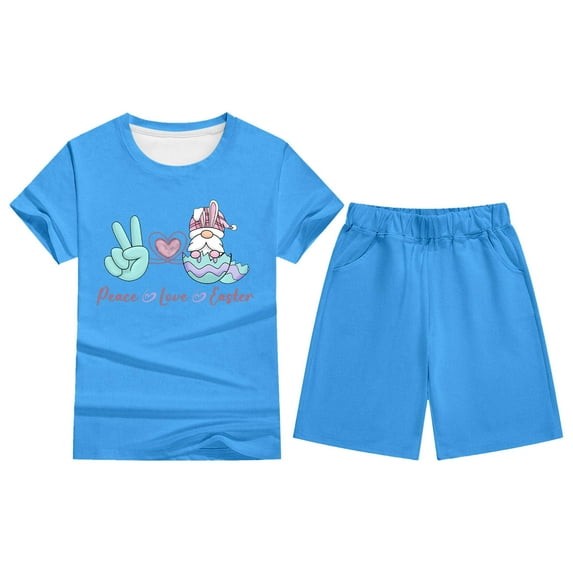 Ulitacool Easter Outfits For Girls 5-6 Years Kids Boys Girls Bunny Printed Short Sleeve T Shirt Top And Shorts Pants Set Outfit Pajama Set Round Neck Nightwear Casual Spring Clothing Sky Blue