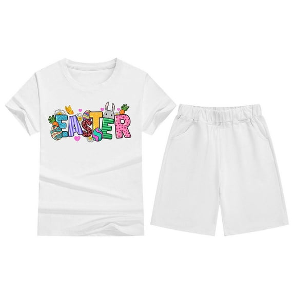 Ulitacool Easter Outfits For Girls 9-10 Years Kids Boys Girls Bunny Printed Short Sleeve T Shirt Top And Shorts Pants Set Outfit Pajama Set Round Neck Nightwear Classic Summer Clothes White