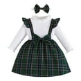 thumbnail image 1 of Ulitacool Fall Dresses For Girls 9-12 Months Long Sleeve Striped Plaid Bow Decorated Dress With Headband Set Crewneck Outfits Warmth Clothes Green, 1 of 6