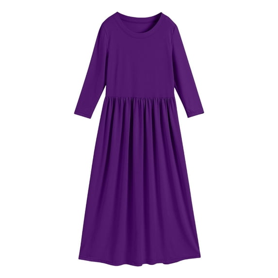 Ulitacool Fall Dresses For Toddler Girls 3-4 Years Long Sleeve Neck Solid Color Loose Daily Wear Long Maxi Dress Sweet Daily Wear Purple
