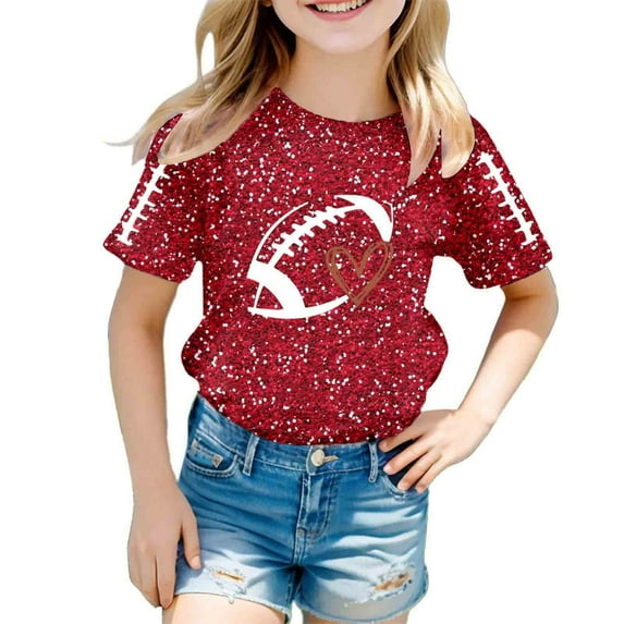 Ulitacool Fall Tops For Girls Glitter Graphic T Shirt Short Sleeve Tee Stylish Everyday Wear Youth Apparel Round Neck Tops Festival Tee Classic Durable Basic Wear Red 3-4 Years