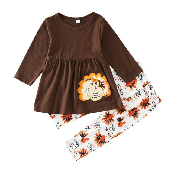 Ulitacool Fall Winter Outfits For Girls Toddler 2-3 Years Kids Outfit Thanksgiving Prints Long Sleeves Tops Pants 2Pcs Set Outfits Soft Wear Brown