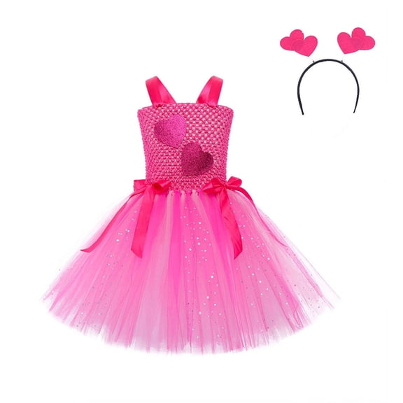 Ulitacool Flower Girl Dresses Long Sleeve Round Neck Valentine'S Day Carnival For Girl Birthday Decorations Party Outfit Tutu Dress Sundress Lovely Wear Hot Pink 4-5 Years