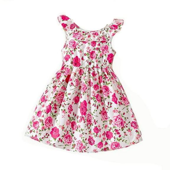 Ulitacool Flower Girl Dresses Sleeveless Round Neck Girl Sun Dress Floral Seaside Beach Dress Overall Outfits Sundress Leisure Wear Hot Pink 2-3 Years