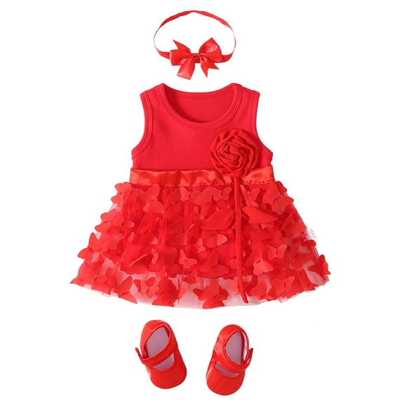 Ulitacool Flower Girls Dresses Spring Summer Solid Color Ruffle Sleeveless Dress Shoes Headbands 3Pc Clothing Red Classic Wears
