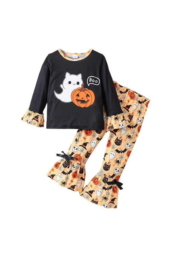 Girl Clothes Winter Long Sleeve Striped Pumpkin Print Sweater Flare Pants Toddler Kids Fall Winter Outfits Elegant Clothing Black 5-6 Years