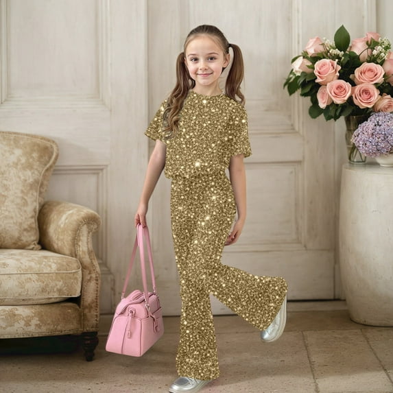 Ulitacool Girl Clothing Stylish And Comfortable Short Sleeve Top With Long Pants Cute Round Neck Outfits 7-8 Years Khaki