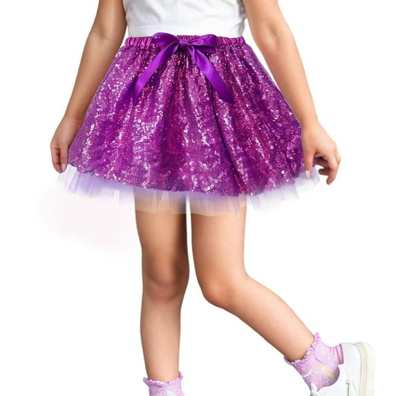 Ulitacool Girl Dress Knee Length Tutu Skirts Dance Party Sequin Skirt Ballet Skirts Casual Playsuit Purple 7-11 Years