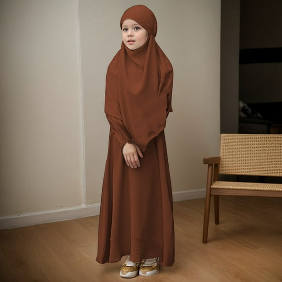 Ulitacool Girl Dress Long Sleeve Solid Color Round Neck Ruffled Solid Color Dress With Pattern Flounce Adorable Wear 5-6 Years Coffee