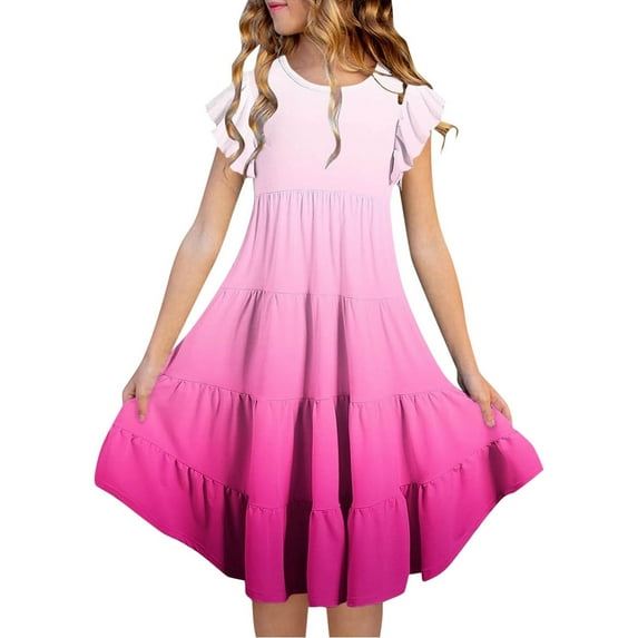 Ulitacool Girl Dress Round Neck Girls' Summer Gradient Dress Short Sleeve Flowy Sundress Basic Playsuit Hot Pink 8-9 Years