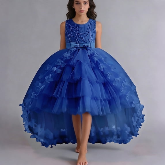 Ulitacool Girl Dress Sleeveless Elegant Dress With Floral Detachable Train For Pageant Recital Performance Party Simple Wear 4-5 Years Bu1
