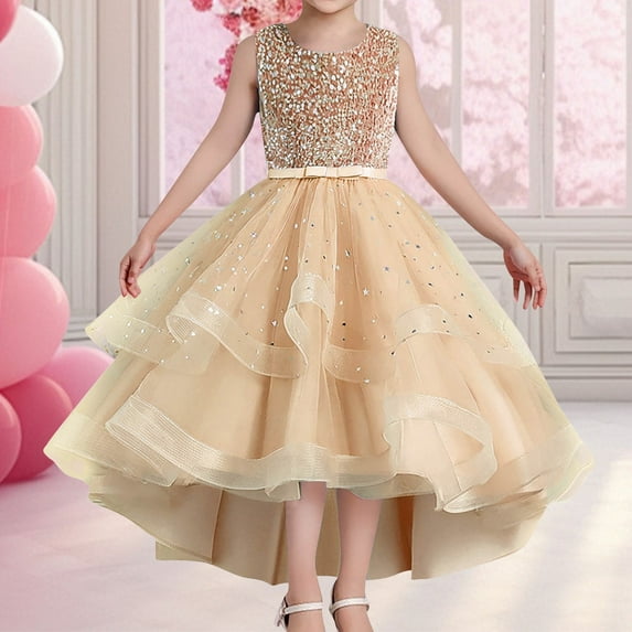 Ulitacool Girl Dress Sleeveless Flower Pageant Dress Crewneck Sequin Lace Wedding Gown Party Dresses Cute Wear 4-5 Years Gold