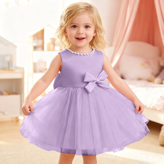 Ulitacool Girl Dress Sleeveless Formal Dress Solid Color Bowknot Dress With Pearl V Back Sundresses Simple Clothes 12-18 Months Purple