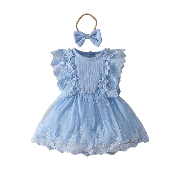 Ulitacool Girl Dresses Sleeveless Round Neck Holiday Party Outfit Mesh Dress Dance Party Dresses Sundress Casual Clothes Blue 3-6 Months