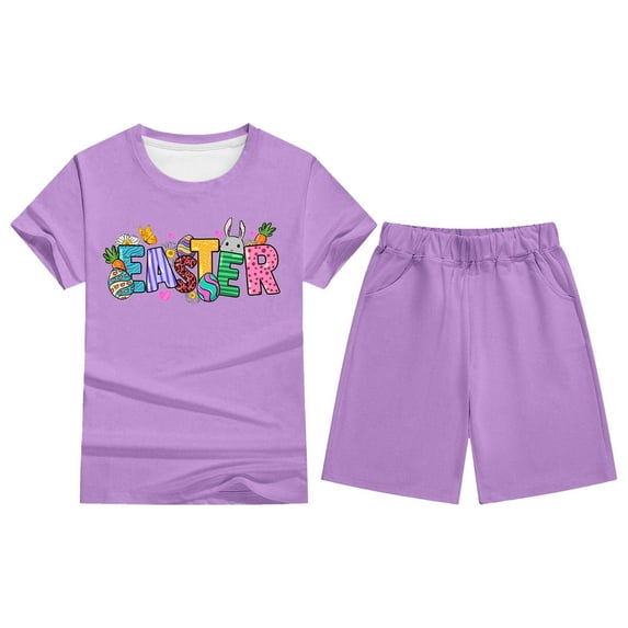 Ulitacool Girl Easter Outfits 2-3 Years Kids Boys Girls Bunny Printed Short Sleeve T Shirt Top And Shorts Pants Set Outfit Pajama Set Round Neck Nightwear Adorable Playsuit Purple