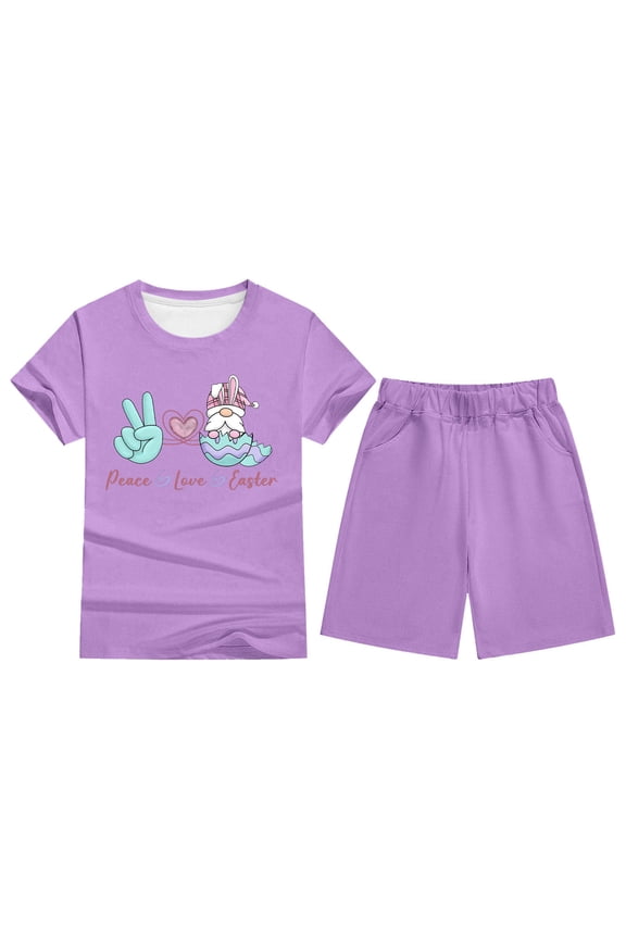 Girl Easter Outfits 5-6 Years Kids Boys Girls Bunny Printed Short Sleeve T Shirt Top And Shorts Pants Set Outfit Pajama Set Round Neck Nightwear Classic Summer Clothing Purple