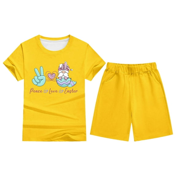 Ulitacool Girl Easter Outfits 9-10 Years Kids Boys Girls Bunny Printed Short Sleeve T Shirt Top And Shorts Pants Set Outfit Pajama Set Round Neck Nightwear Cute Playsuit Yellow