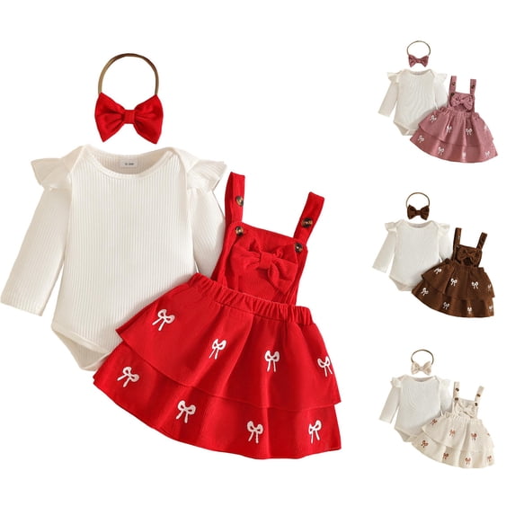 Ulitacool Girl Outfits Crewneck Cartoon Pattern Long Sleeve T Shirts Suspender Skirts Charm Infant Playsuit 6-12 Months Red