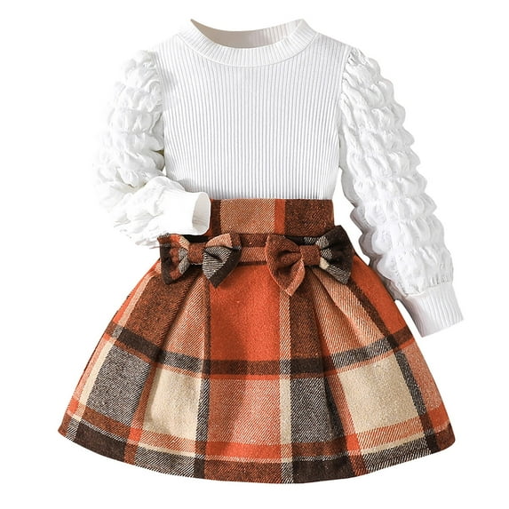 Ulitacool Girl Outfits Kid 6-7 Years Baby Long Sleeve Top Plaid Printed Bow Skirt Two Piece Set Classic Girl Clothings Orange