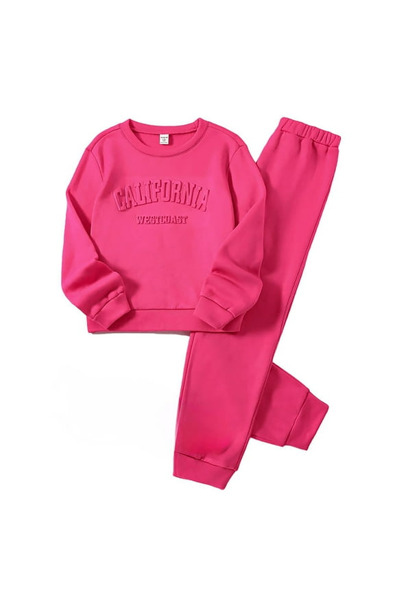 Girl Outfits Teen 10-11 Years Long Sleeve Suit Autumn New Hoodie Suit Solid Color Graphic Prinr Crewneck Pullover Tops Pants Lovely Clothes Set Hot Pink