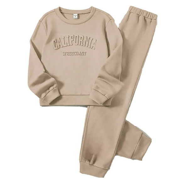 Ulitacool Girl Outfits 9-10 Years Long Sleeve Suit Autumn New Hoodie Suit Solid Color Graphic Prinr Crewneck Pullover Tops Pants Cute Wear Khaki
