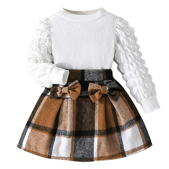 Ulitacool Girl Outfits Toddler 2-3 Years Baby Long Sleeve Top Plaid Printed Bow Skirt Two Piece Set Elegant Clothes Set Coffee